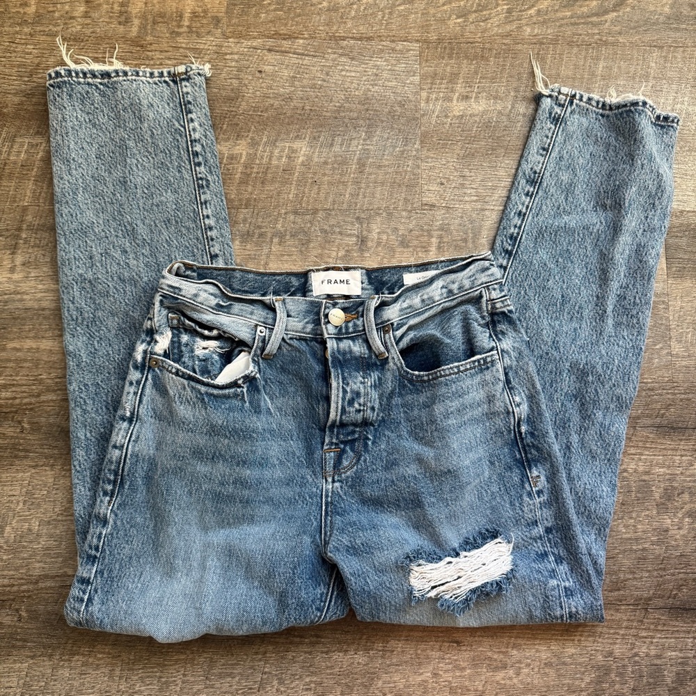Frame Le Orginal Jeans High Rise Distressed Button Fly Cascade Blue Rips Size 25